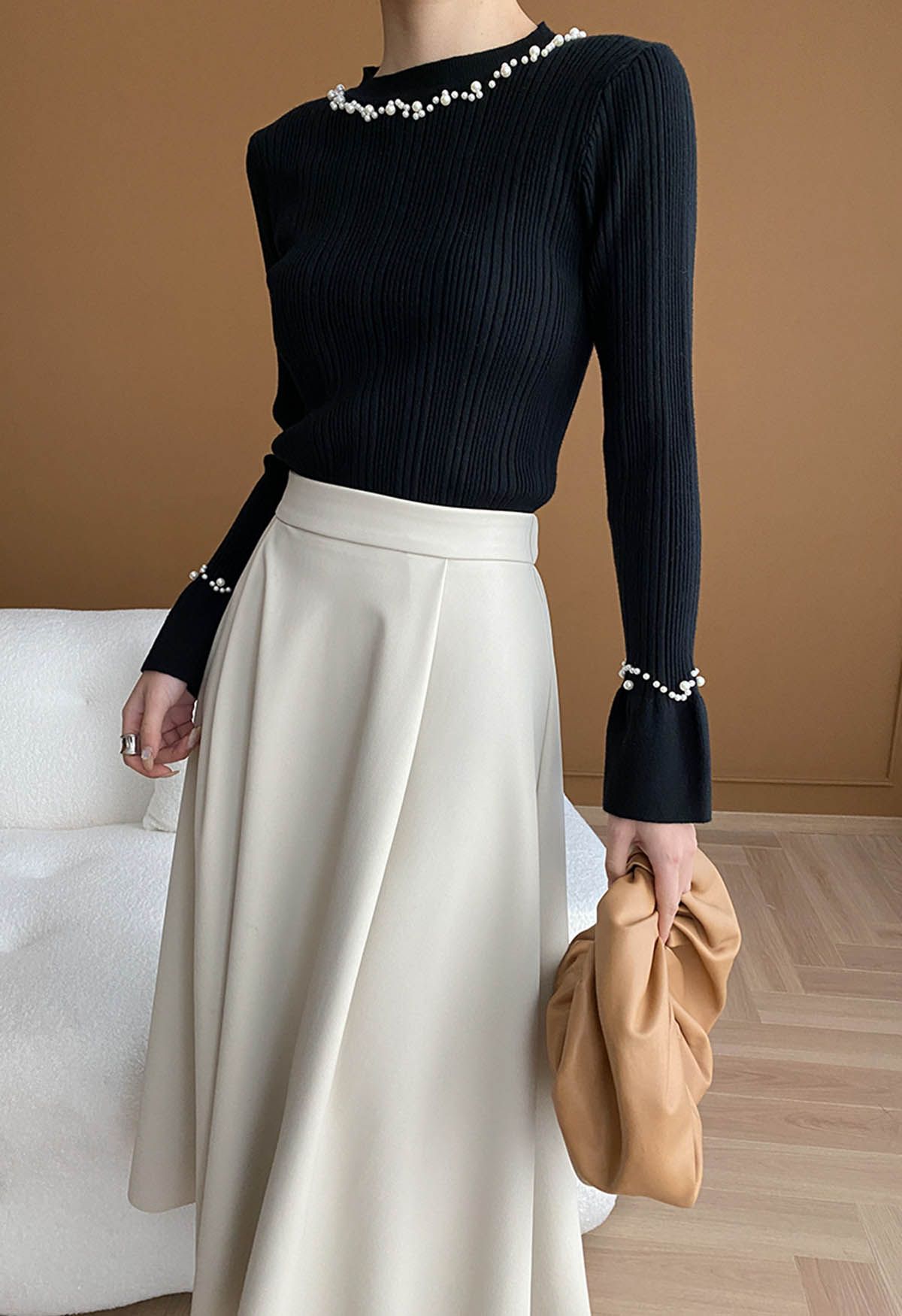 Pearl Adorned Flare Cuffs Ribbed Knit Top in Black