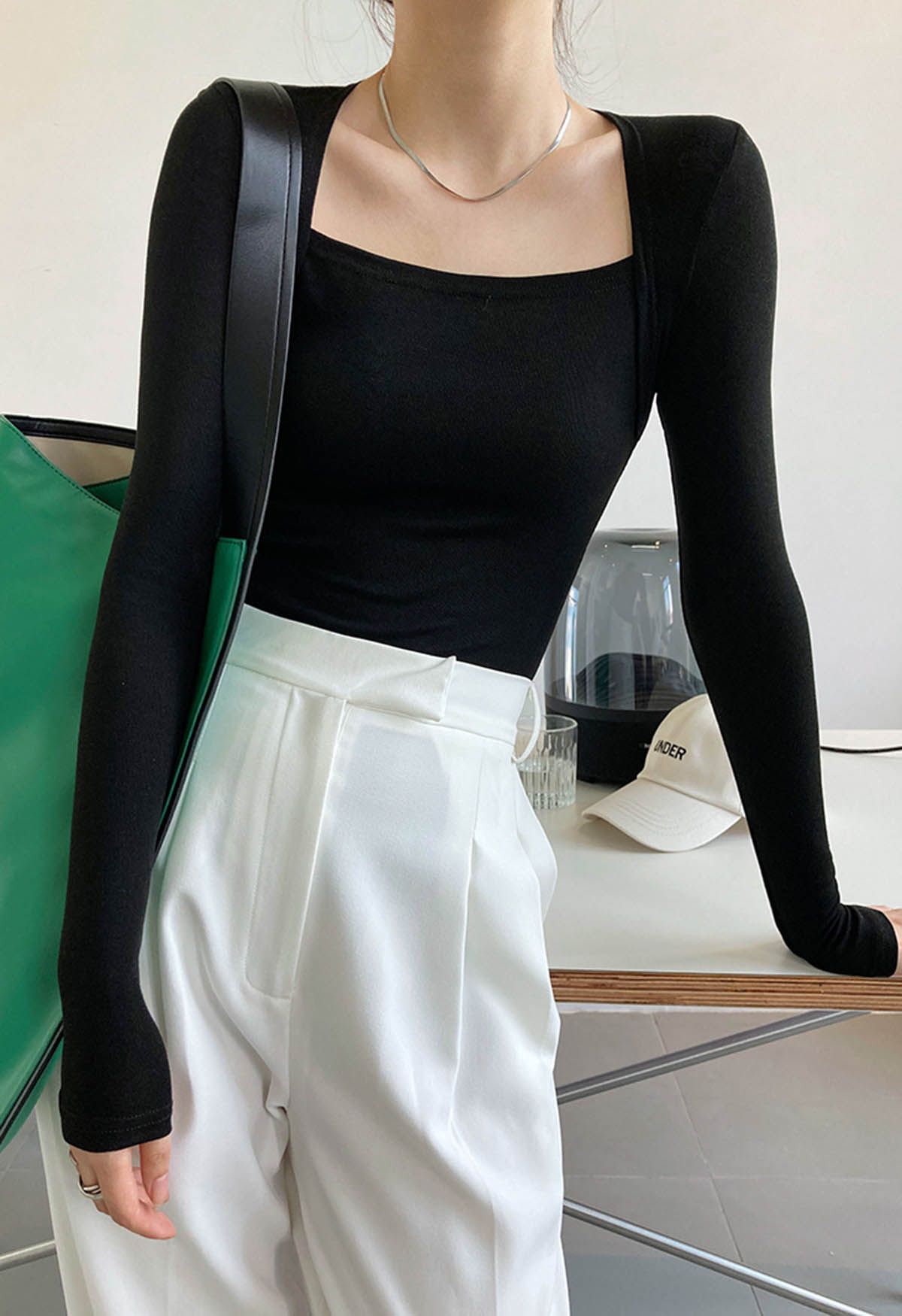 Solid Color Square Neck Soft Top in Black