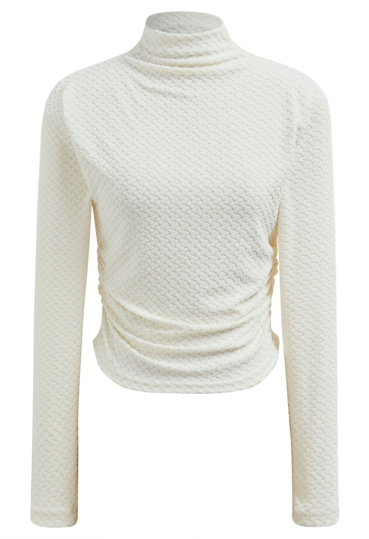 High Neck Textured Ruched Top in Ivory