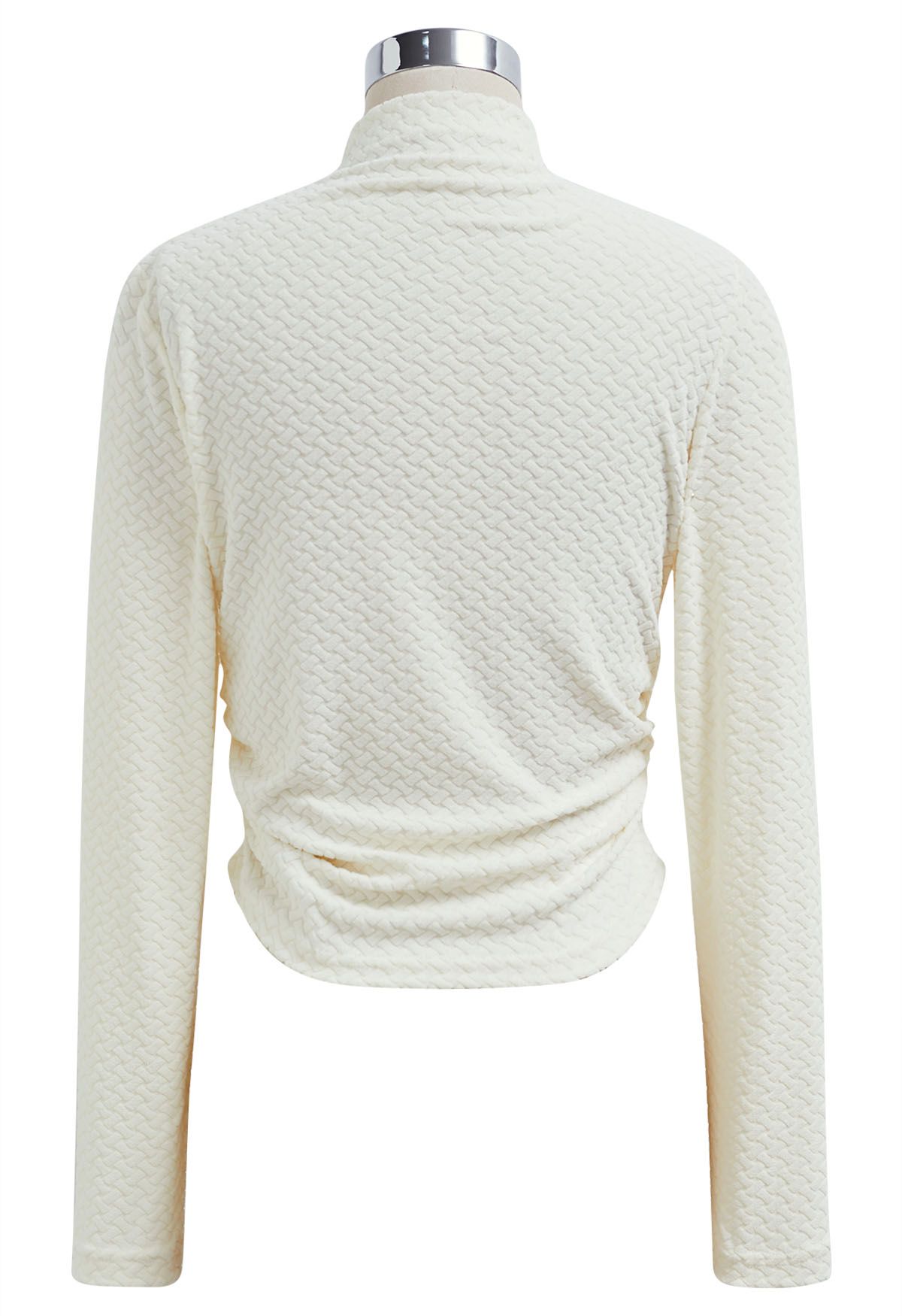 High Neck Textured Ruched Top in Ivory