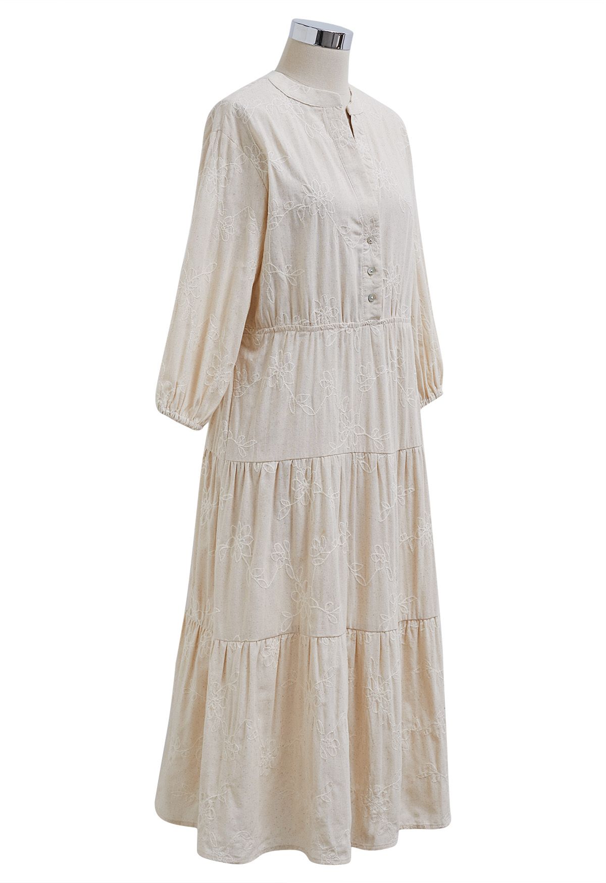 Floral Embroidery Elbow Sleeves Linen Dress