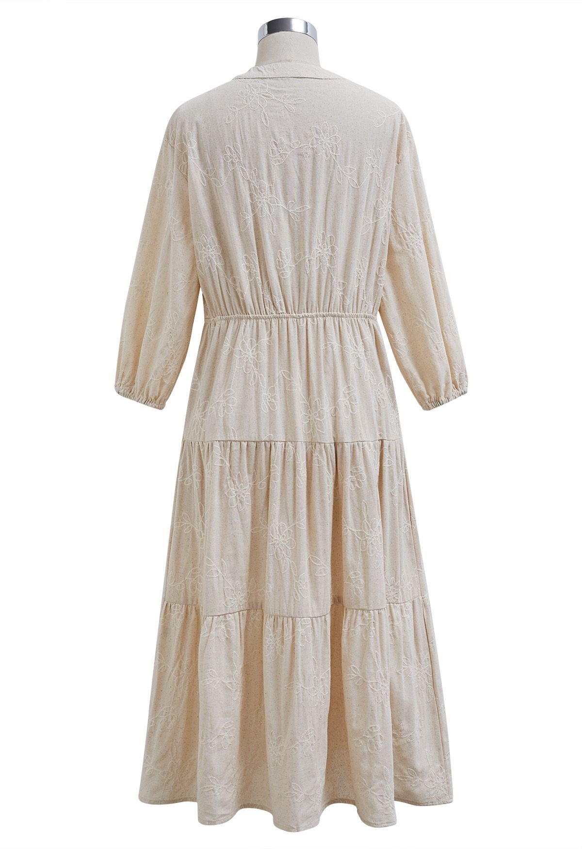 Floral Embroidery Elbow Sleeves Linen Dress