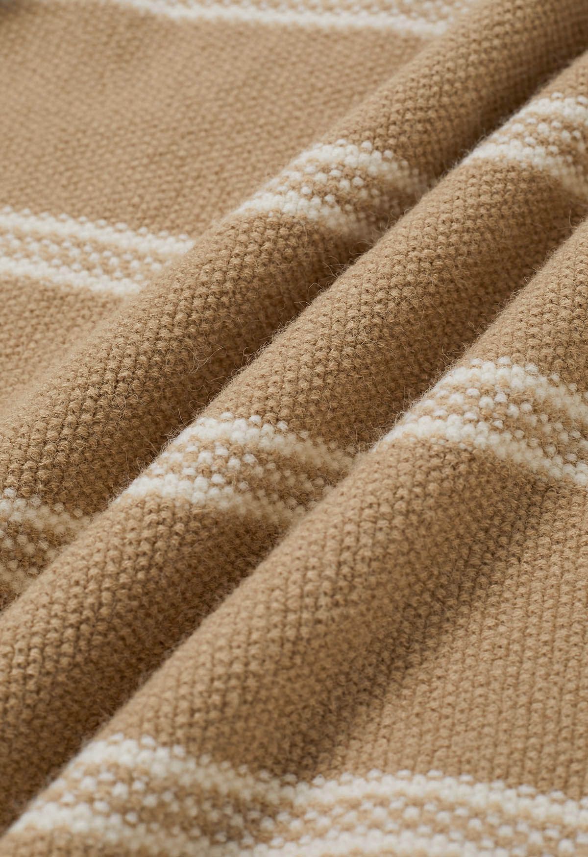 Denim Sleeve Spliced Striped Knit Sweater in Camel