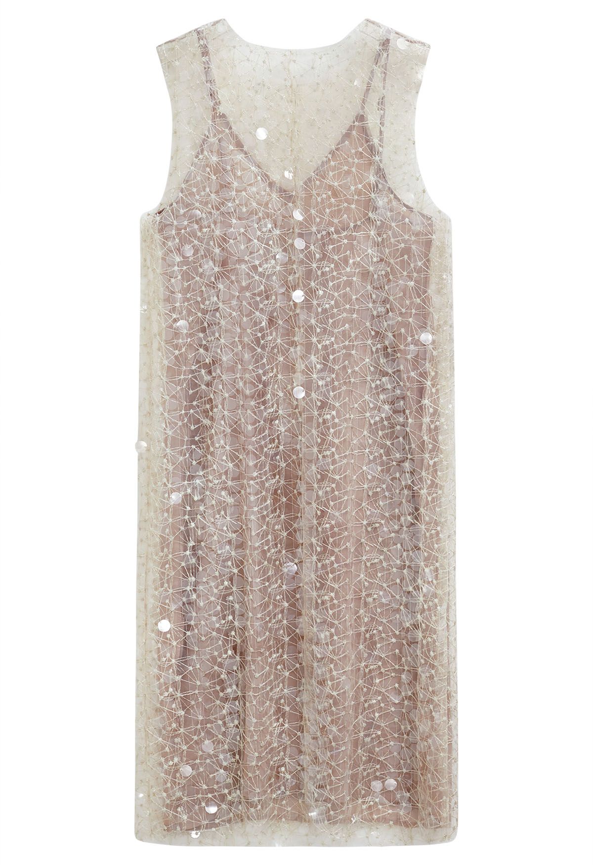 Embroidered Sequin Mesh Sleeveless Dress in Dusty Pink