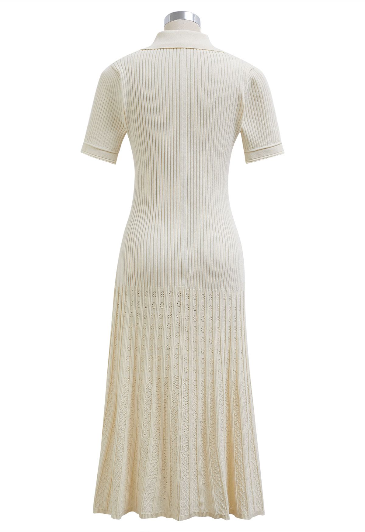 Collared Buttoned Short Sleeve Knit Midi Dress in Cream