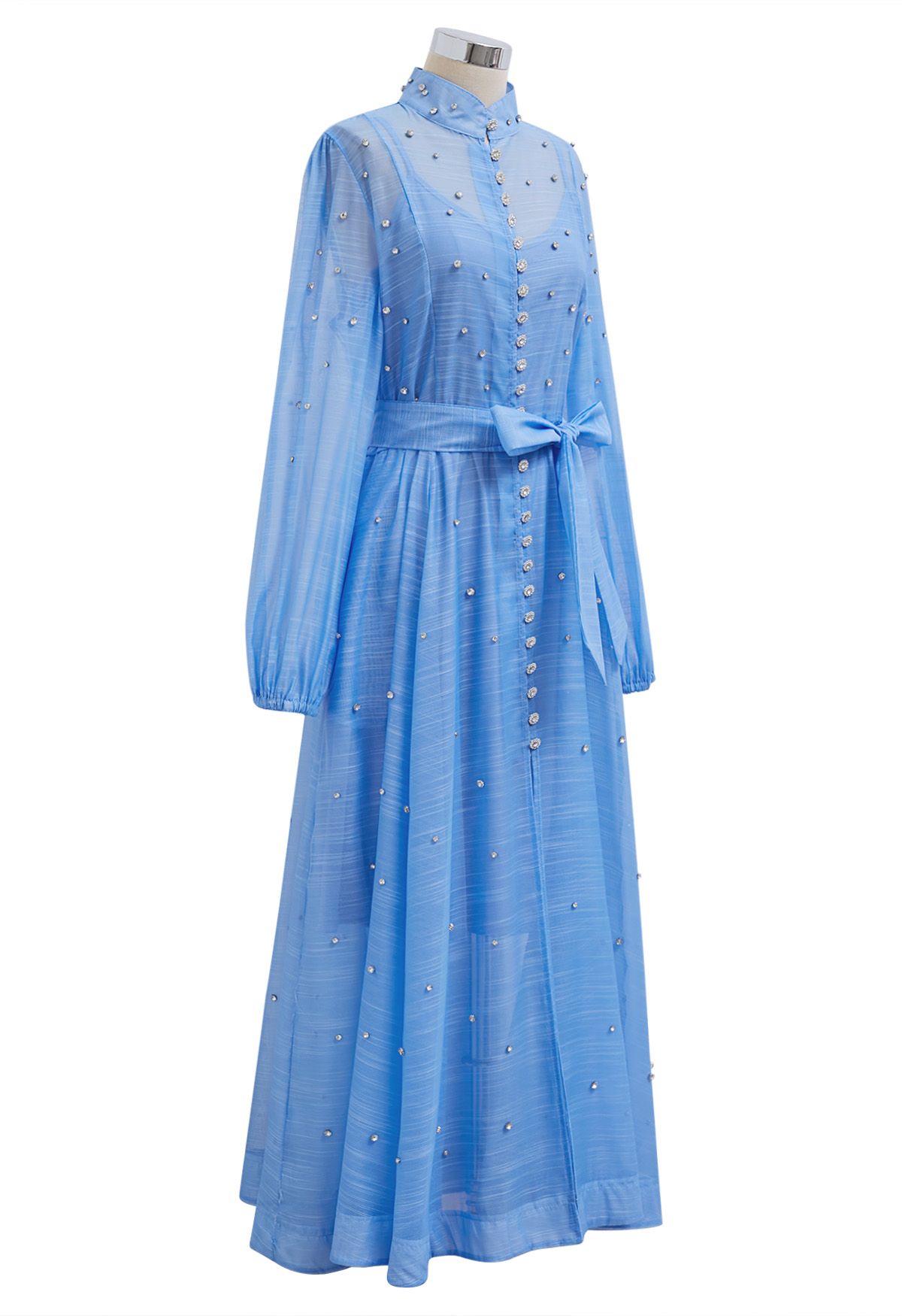 Rhinestone Decor Button Tie-Sash Organza Maxi Dress in Light Blue