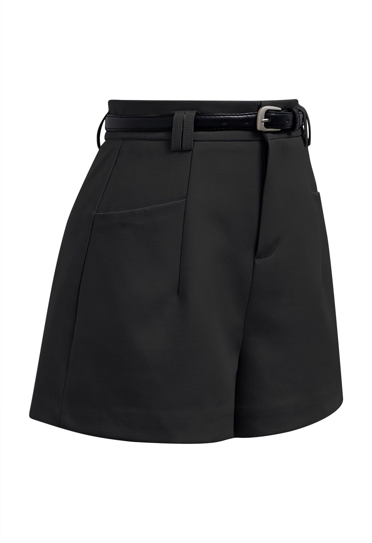 Chic Belted Front Pocket Shorts in Black