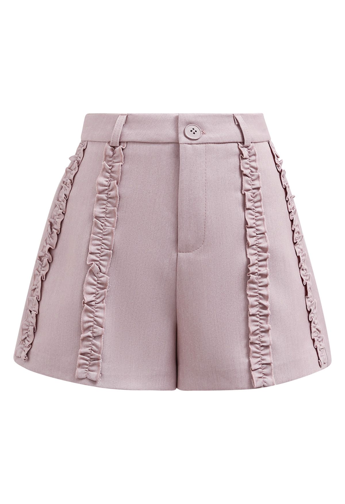 Leisurely Ruffled Trim Buttoned Shorts in Dusty Pink