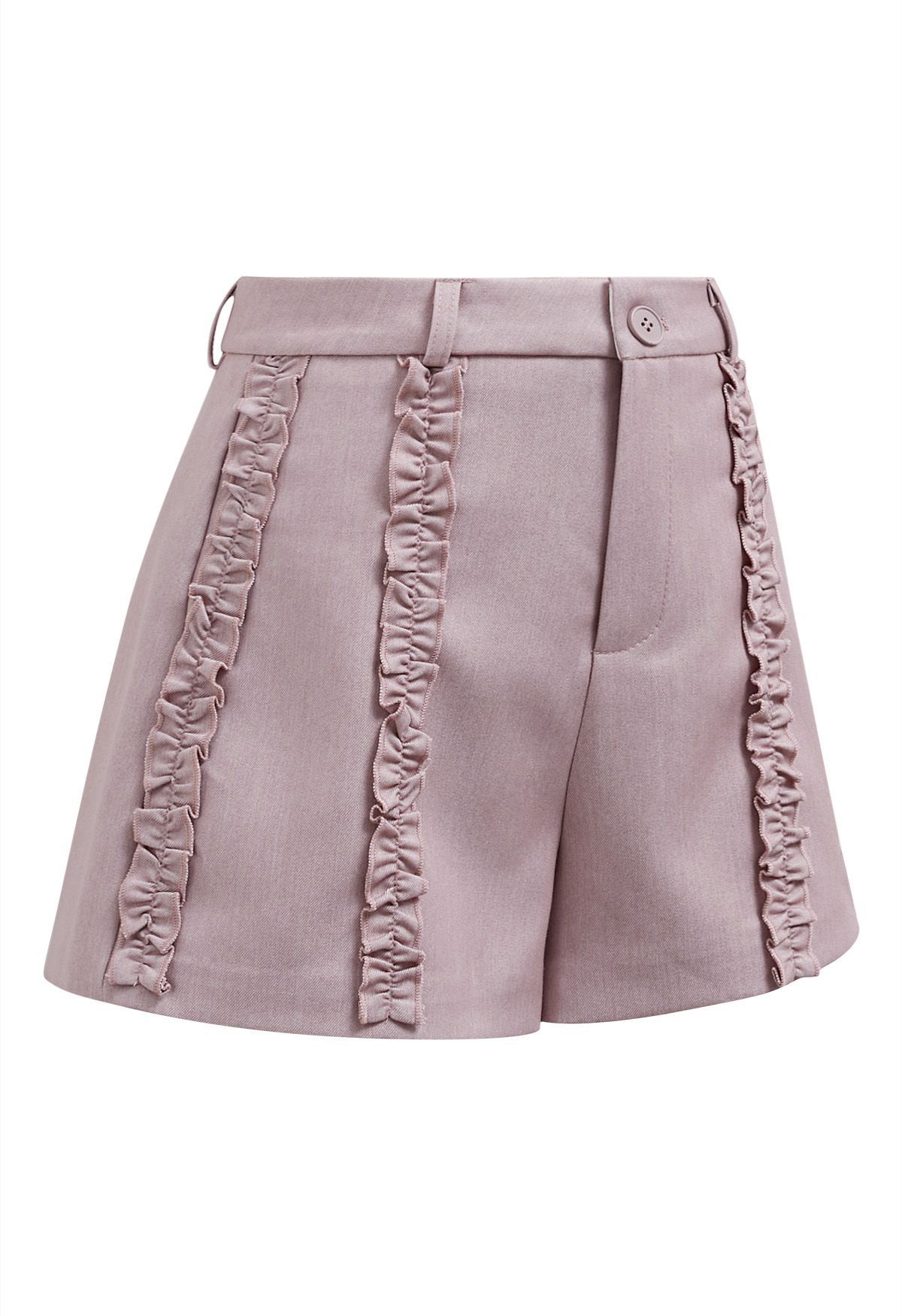 Leisurely Ruffled Trim Buttoned Shorts in Dusty Pink