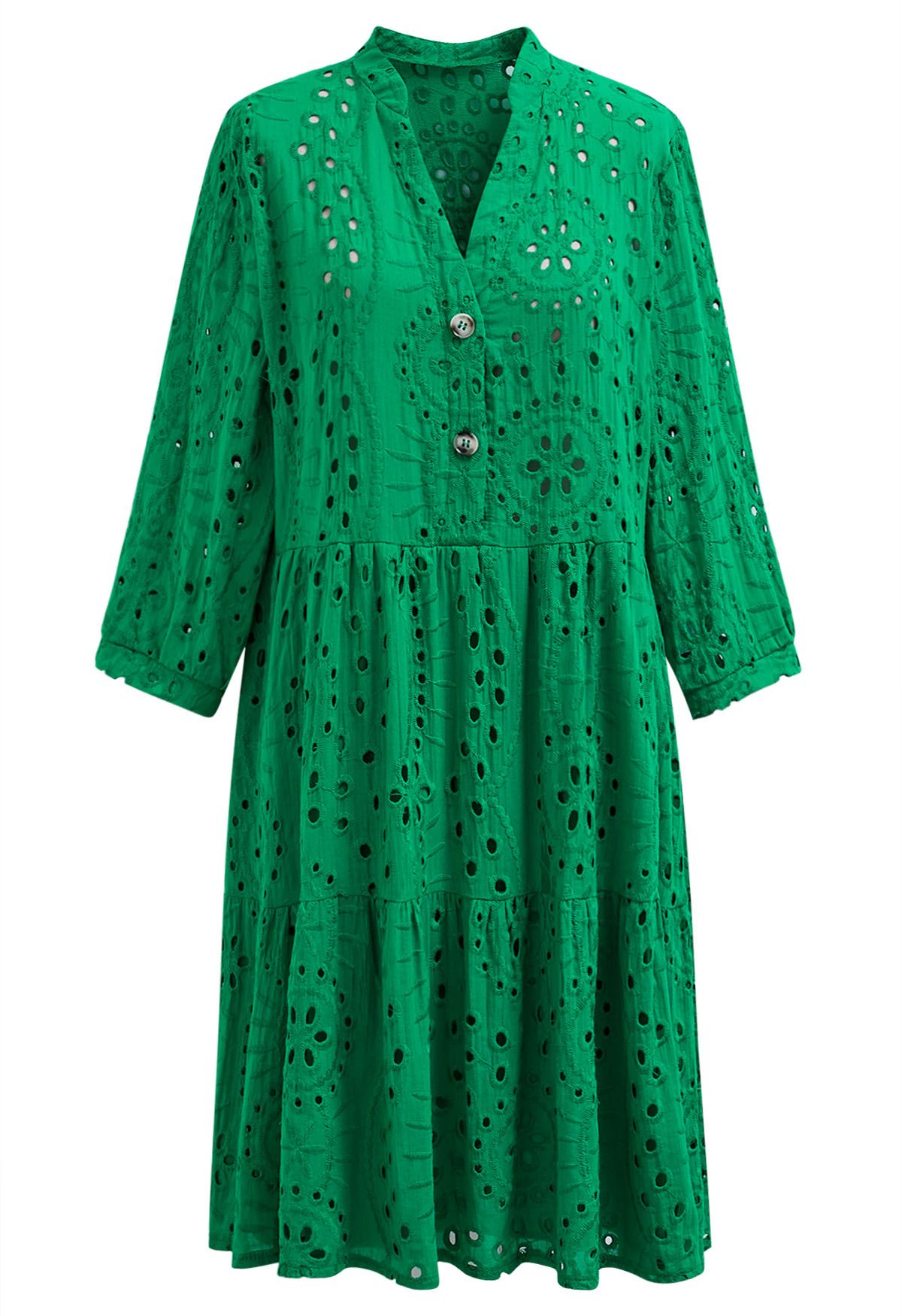 Eyelet Embroidery V-Neck Buttoned Dolly Dress