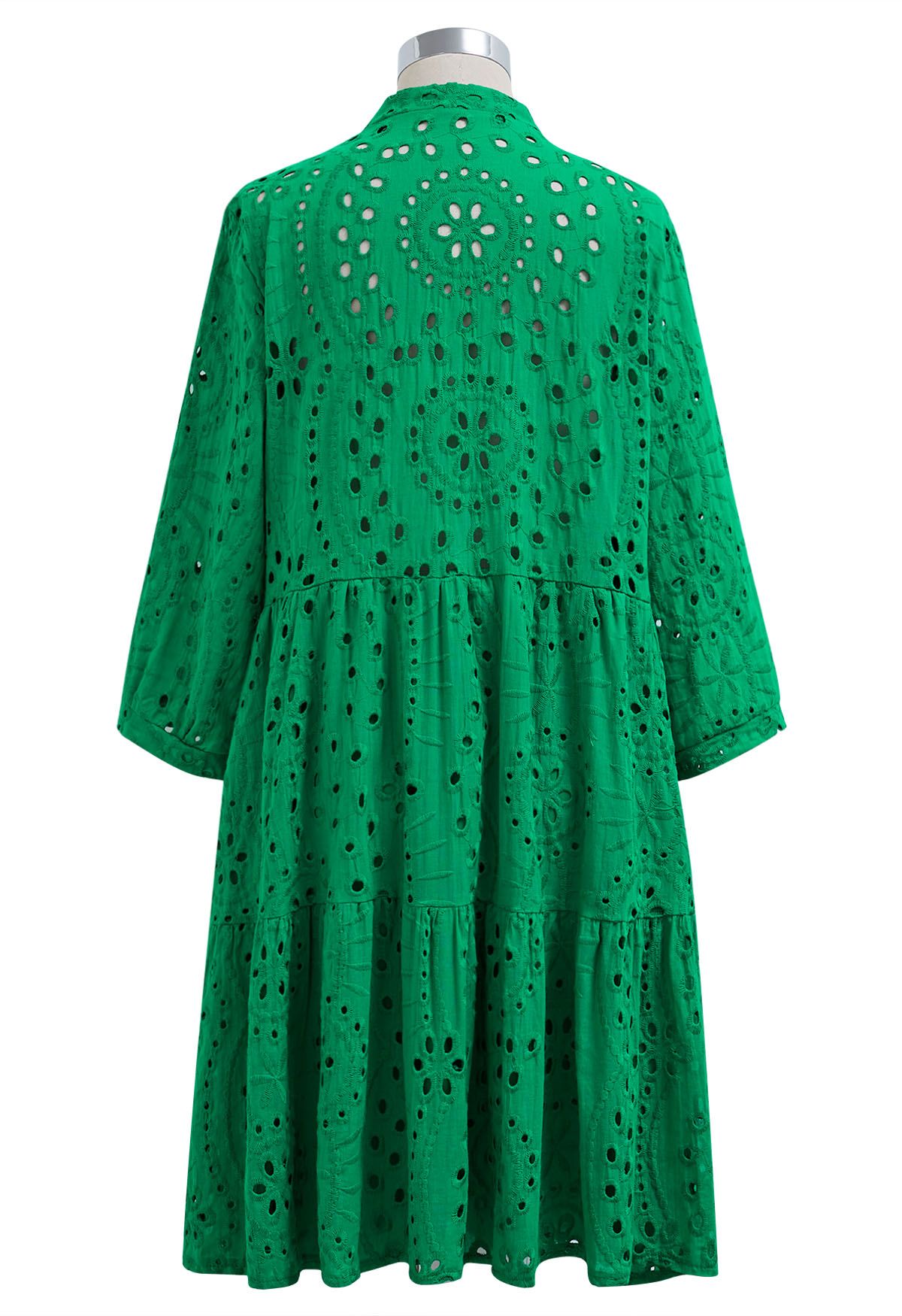 Eyelet Embroidery V-Neck Buttoned Dolly Dress