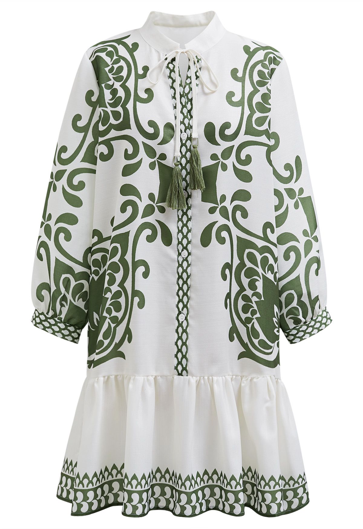 Bohemian Green Tile Print Tassel String Dolly Dress