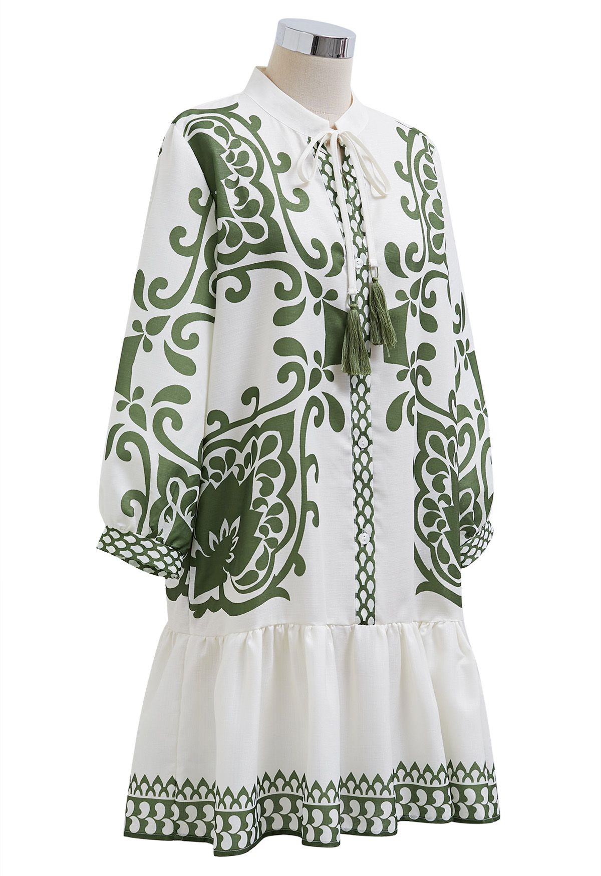 Bohemian Green Tile Print Tassel String Dolly Dress