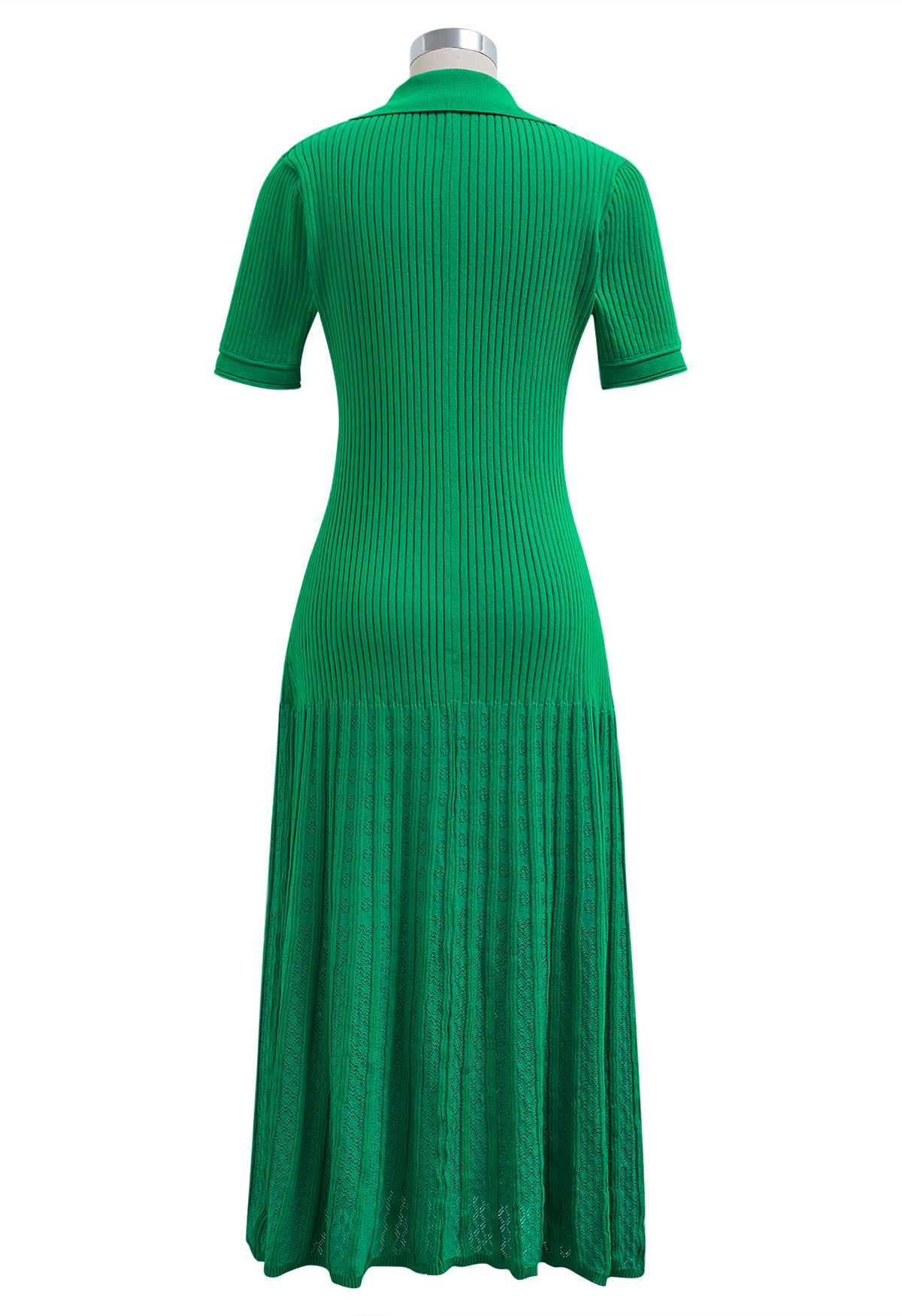 Collared Buttoned Short Sleeve Knit Midi Dress in Green