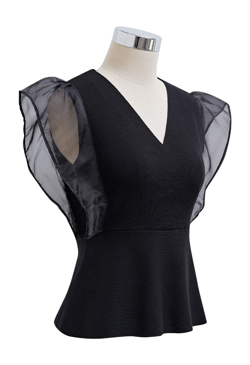 Organza Spliced Sleeveless Faux Wrap Knit Top in Black