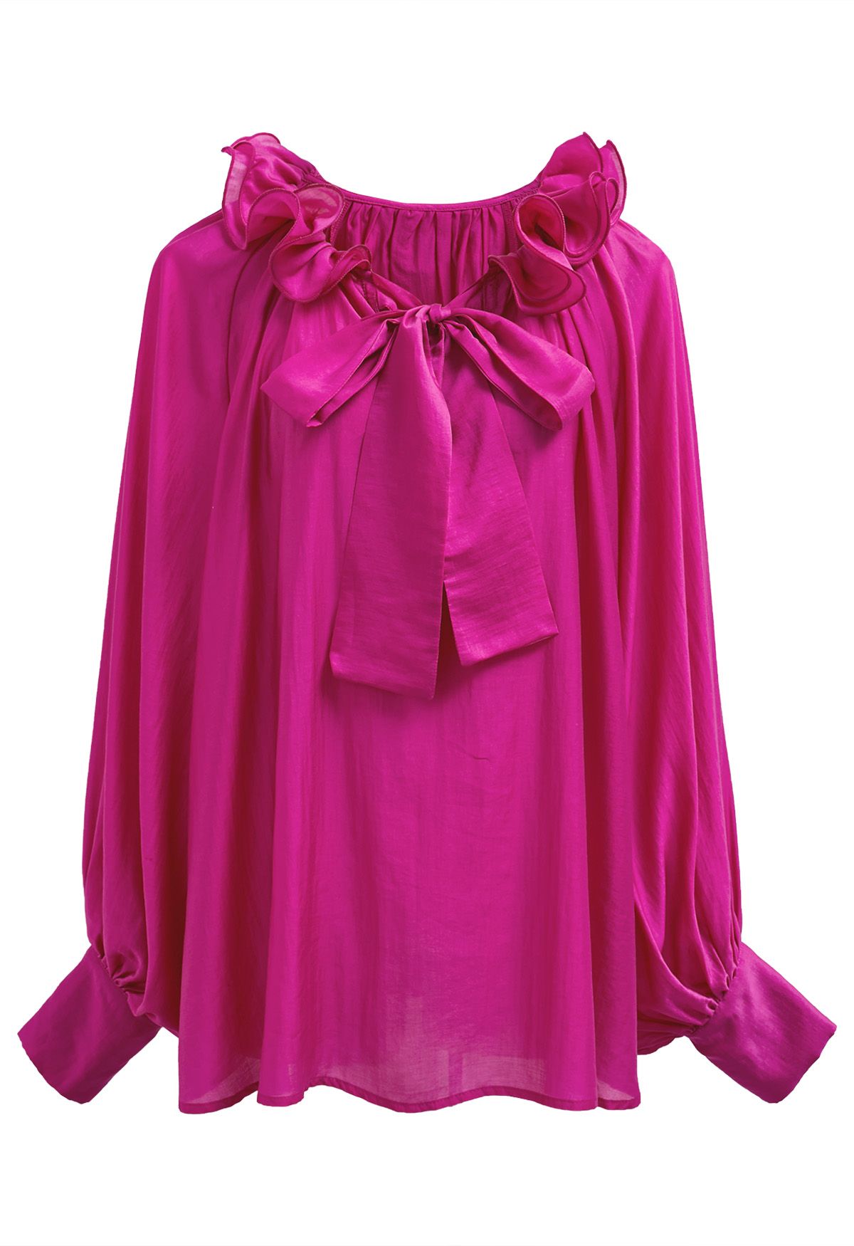 Tiered Ruffle Neckline Bowknot Lantern Sleeves Dolly Top in Magenta