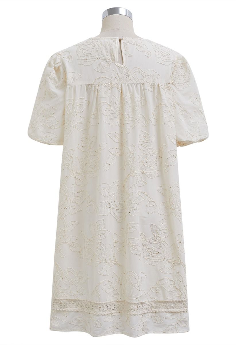 Sequins Trim Floral Embroidered Dolly Dress in Cream