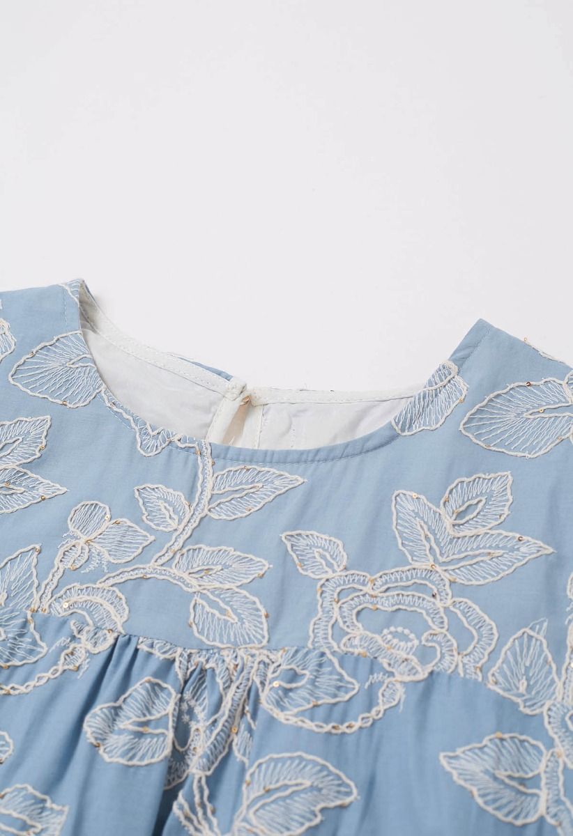 Sequins Trim Floral Embroidered Dolly Dress in Light Blue