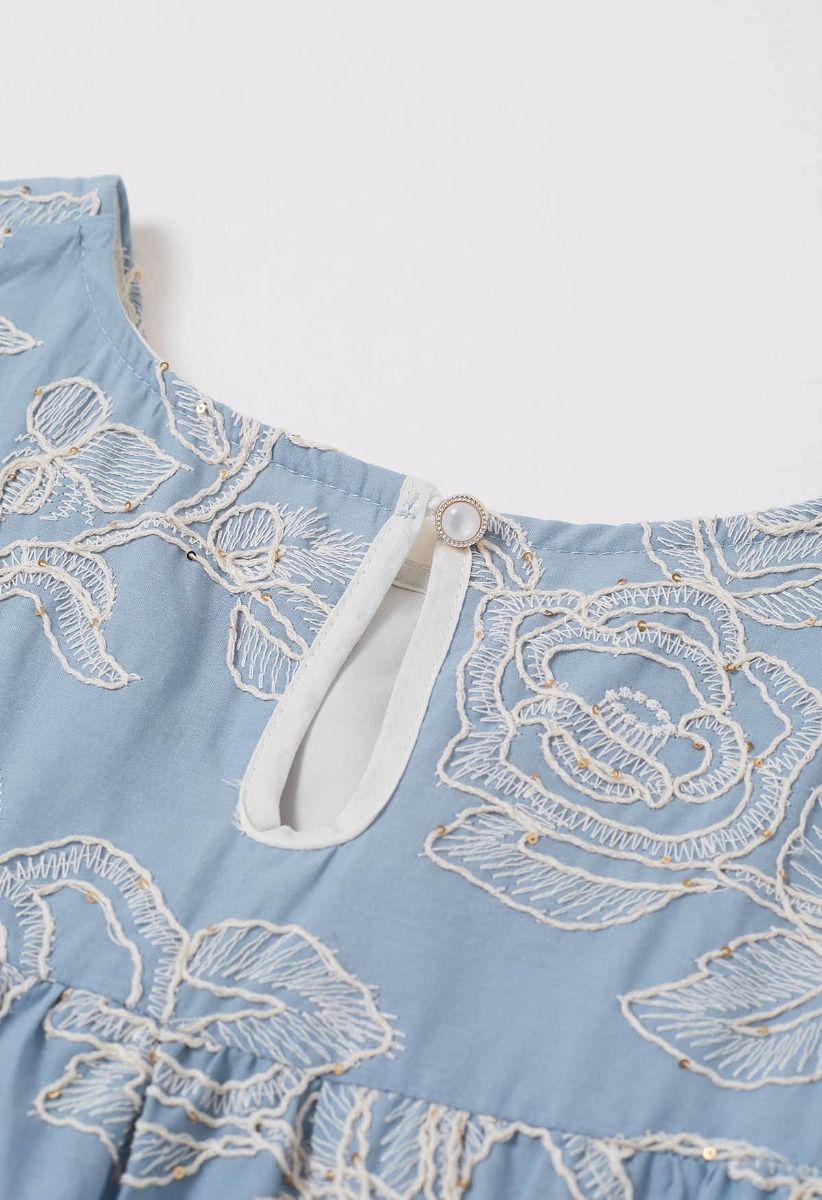 Sequins Trim Floral Embroidered Dolly Dress in Light Blue