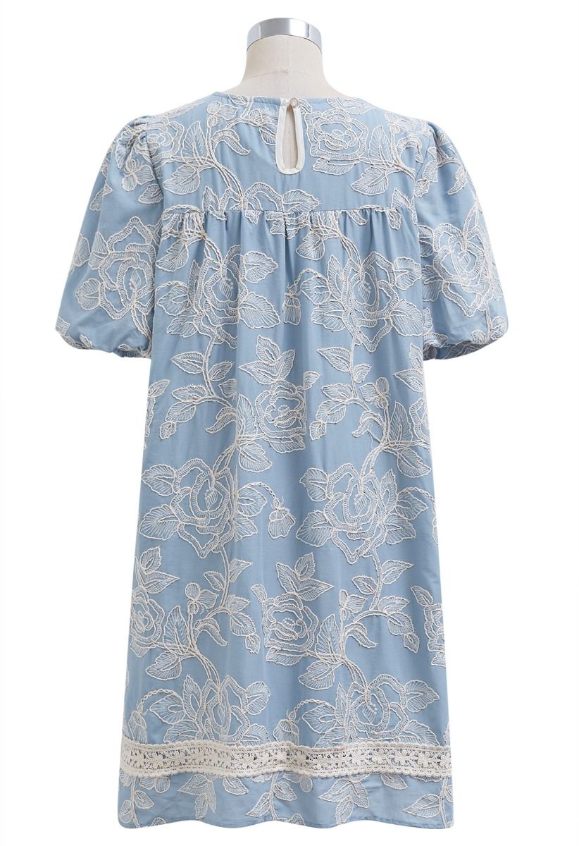 Sequins Trim Floral Embroidered Dolly Dress in Light Blue