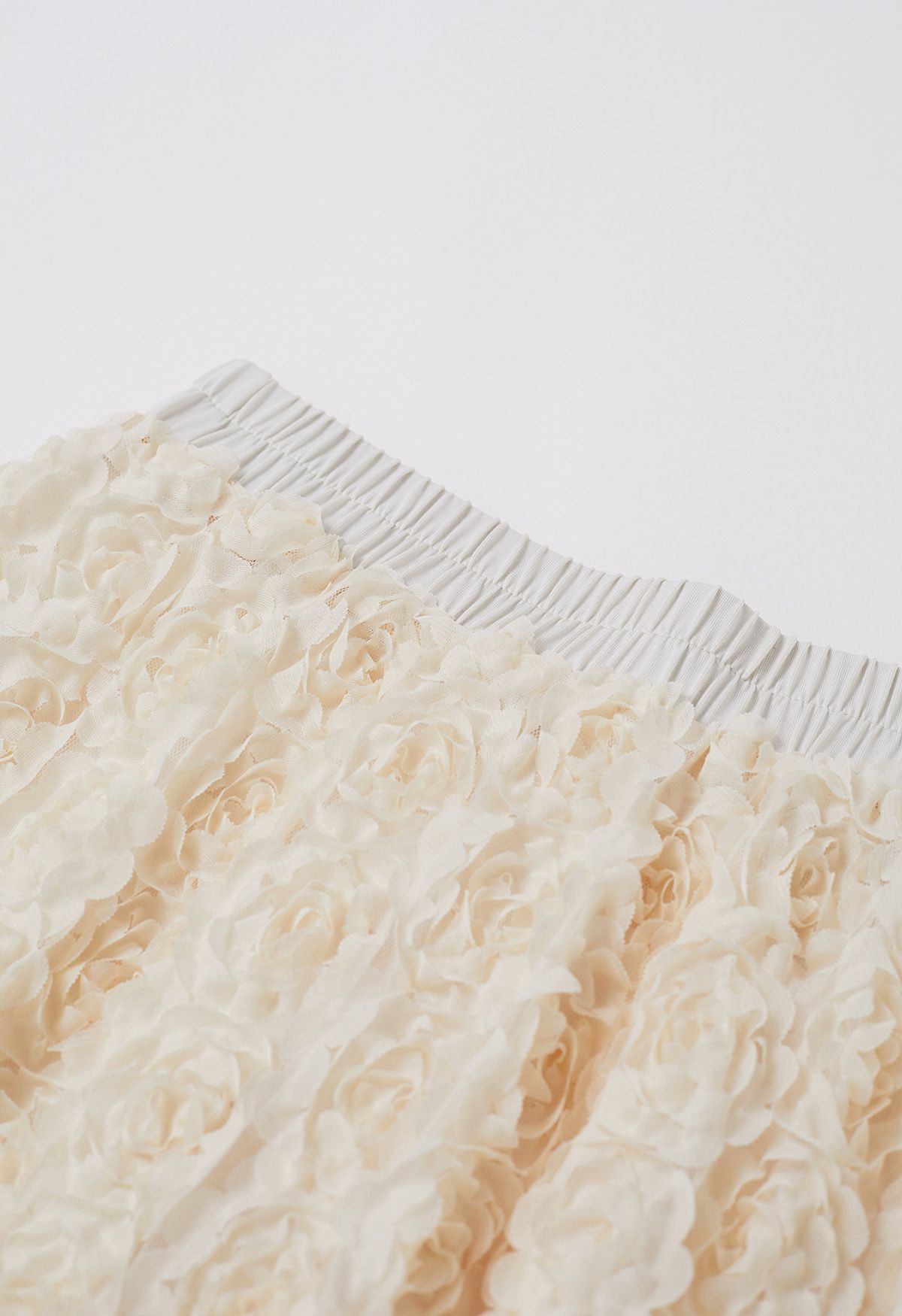 3D Rose Petal Mesh Midi Skirt in Cream