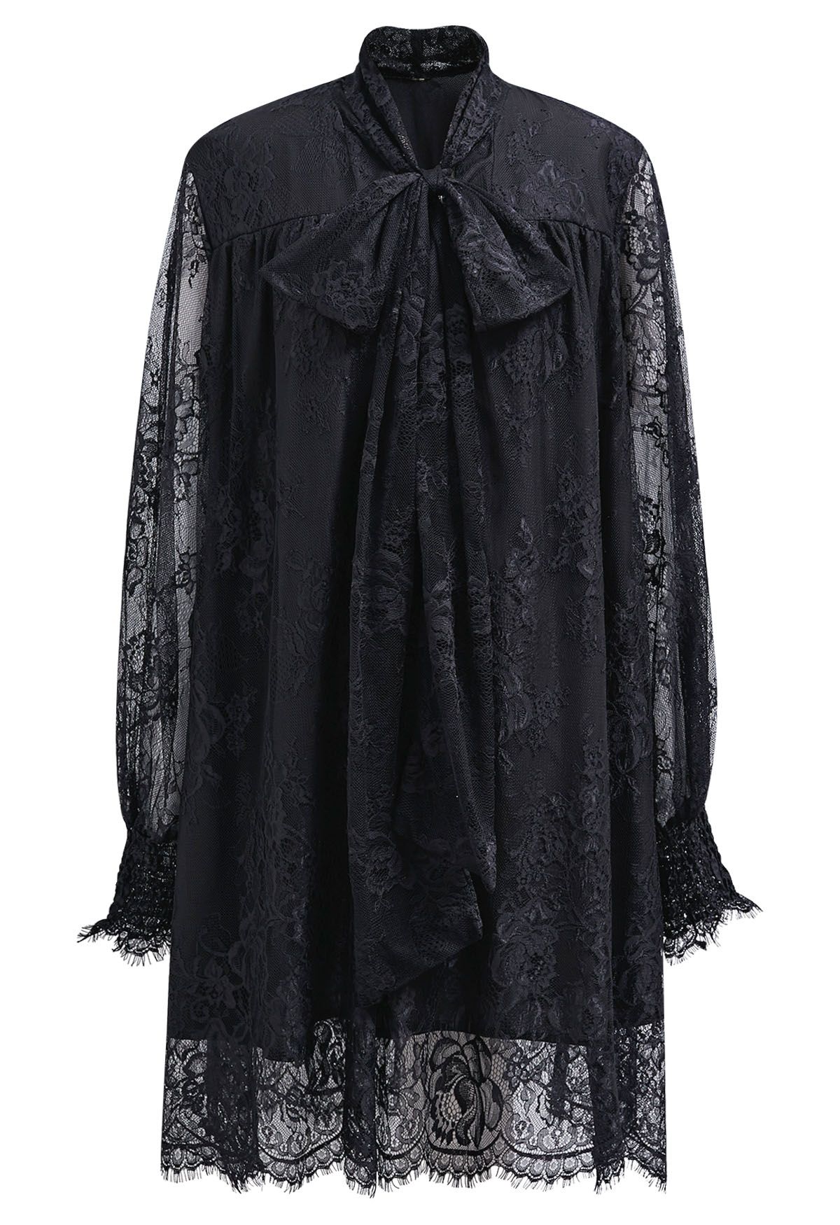 Self-Tie Bowknot Floral Lace Buttoned Dolly Dress in Black