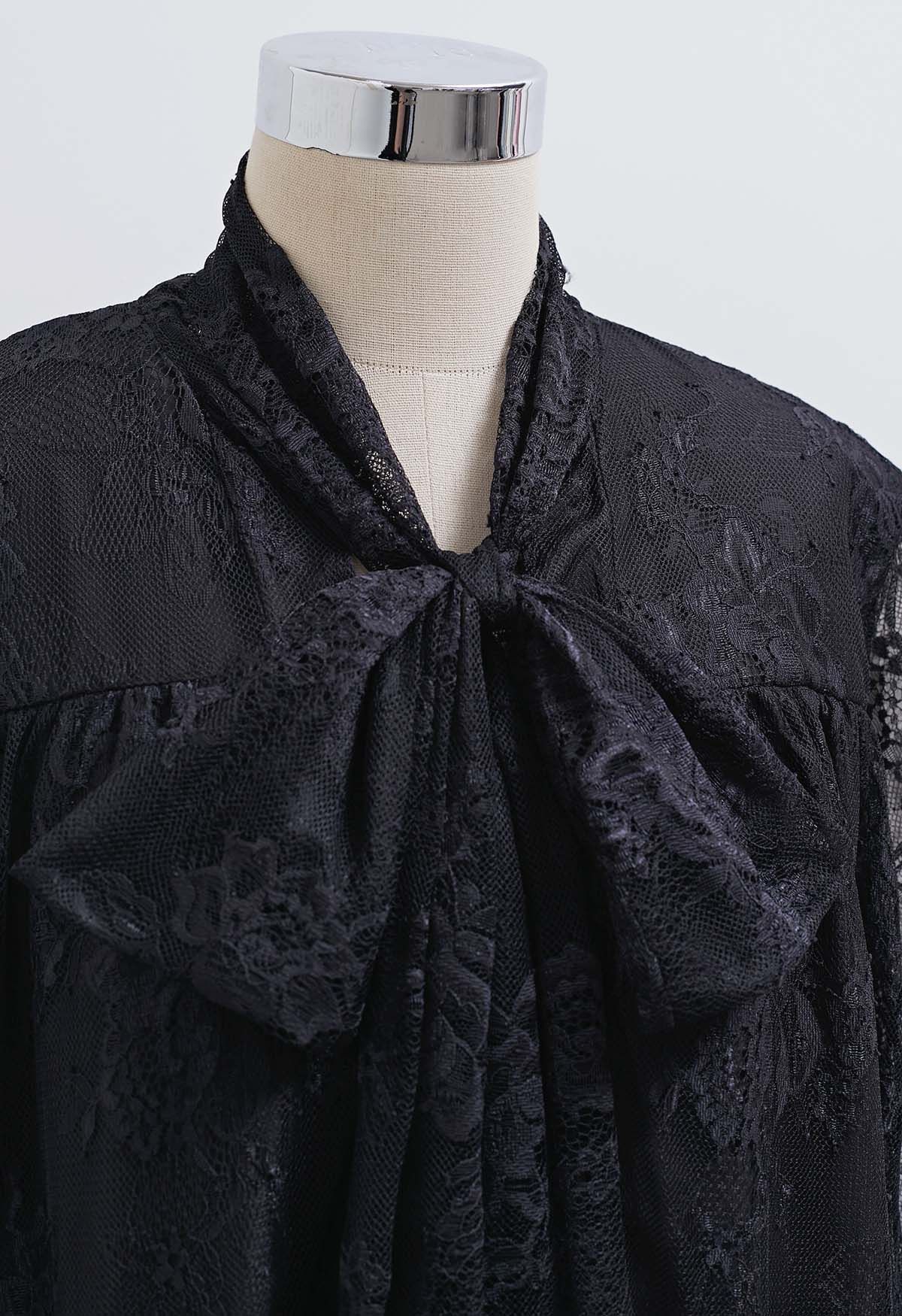 Self-Tie Bowknot Floral Lace Buttoned Dolly Dress in Black