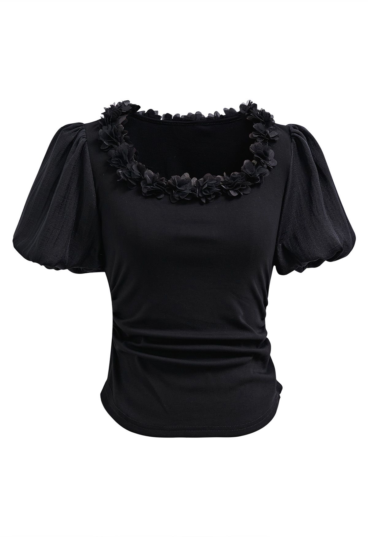 3D Flowers Neckline Bubble Sleeve Ruched Crop Top in Black