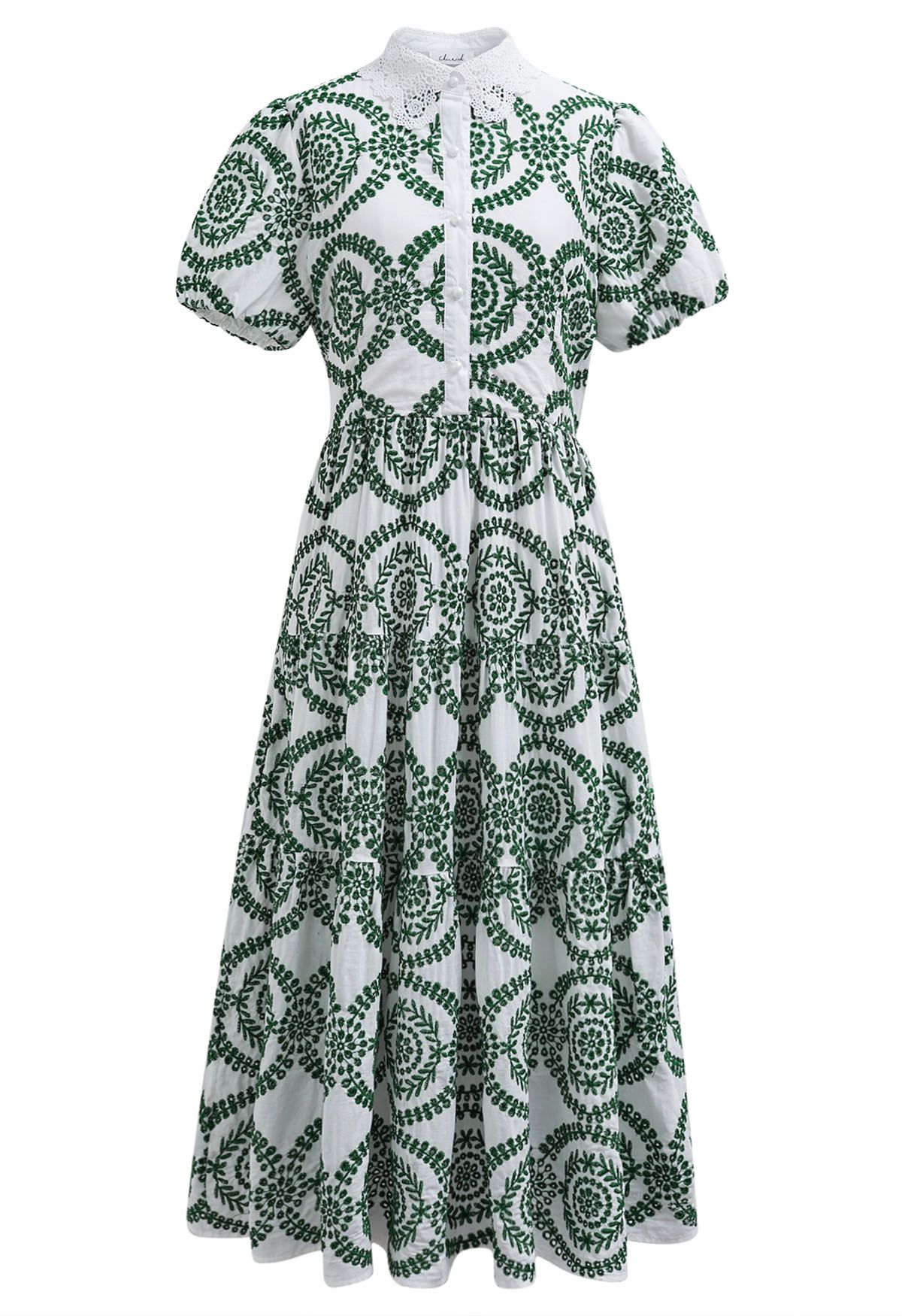 Crochet Collar Green Embroidered Eyelet Cotton Dress