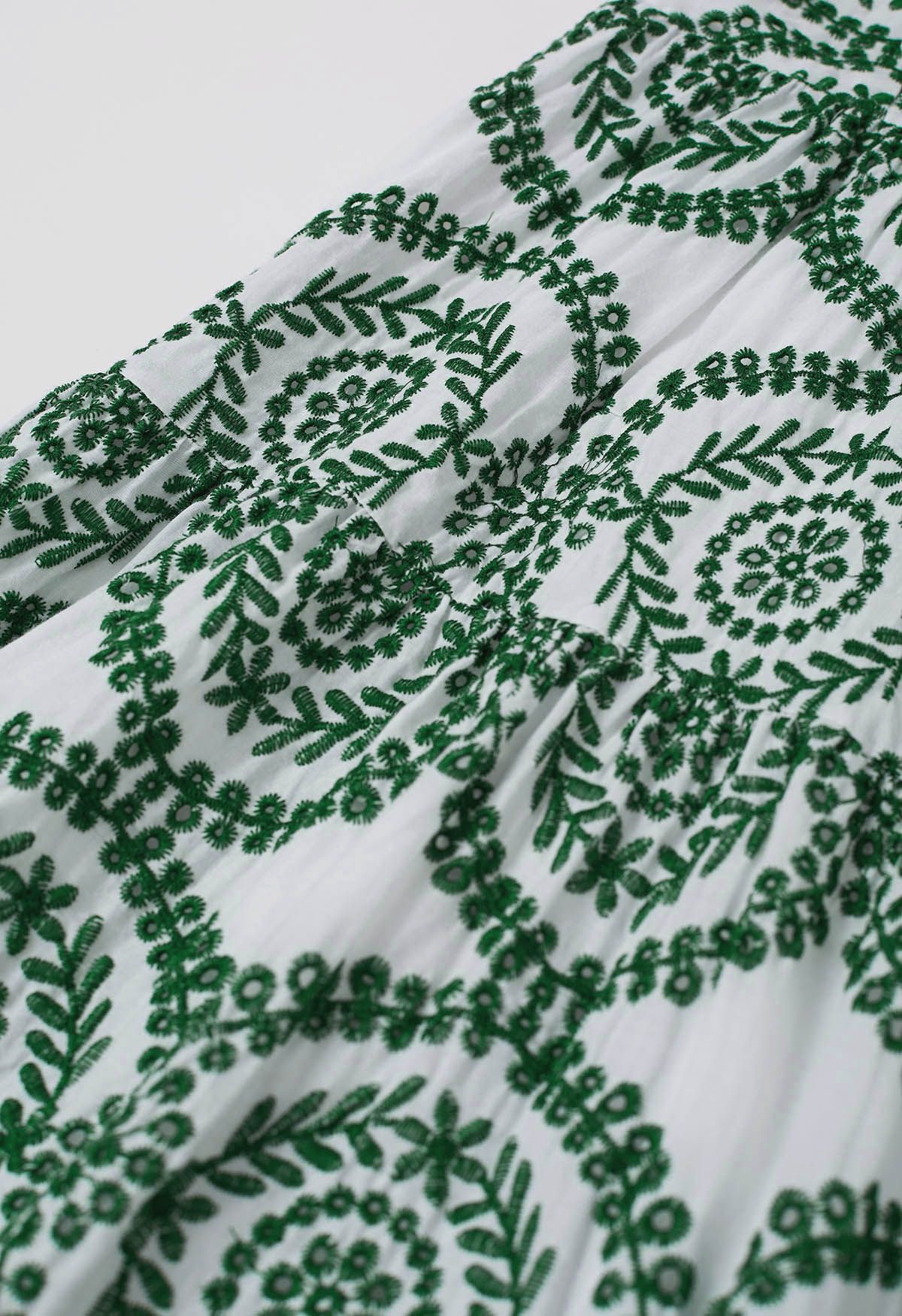 Crochet Collar Green Embroidered Eyelet Cotton Dress