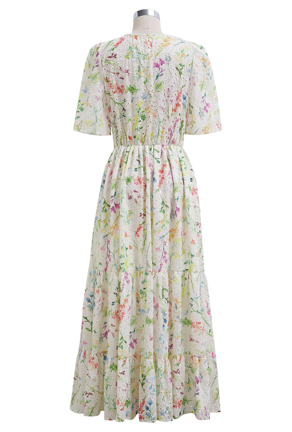 Watercolor Wild Flowers Printed Eyelet Embroidered Faux-Wrap Dress