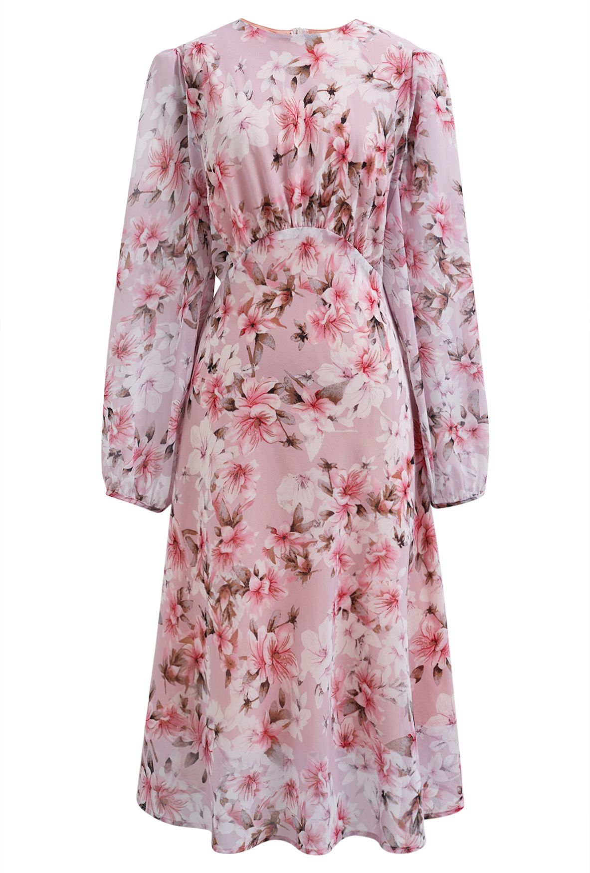 Cherry Blossom Printed Puff Sleeve Chiffon Midi Dress