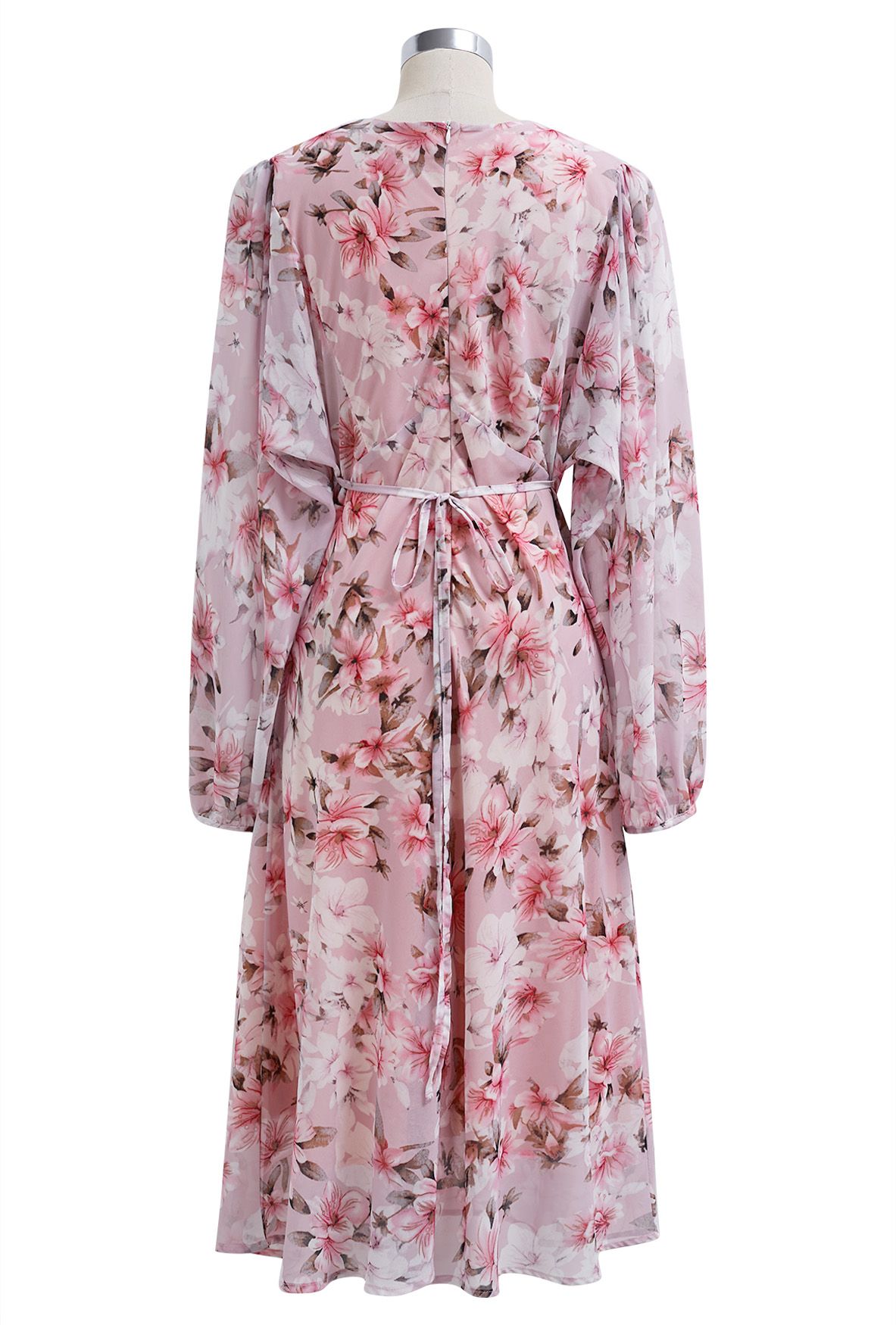 Cherry Blossom Printed Puff Sleeve Chiffon Midi Dress