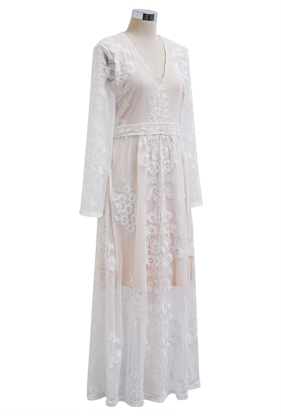 V-Neck Floral Embroidered Mesh Maxi Dress in White