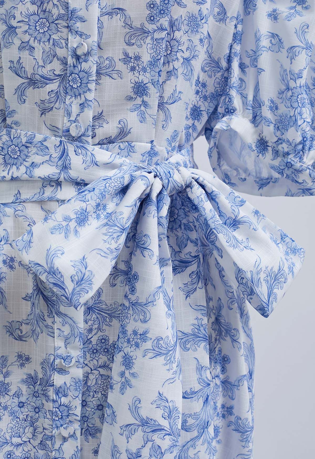 Floral Vine Printed Bubble Sleeve Buttoned Cotton Dress in Light Blue