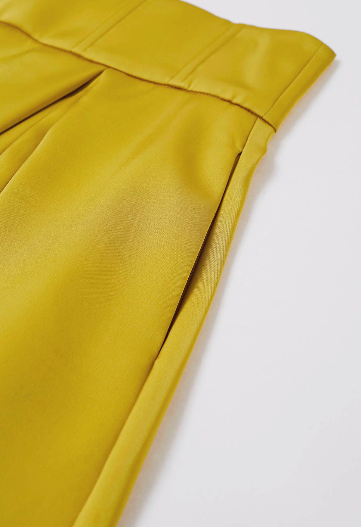 High-Slit Seamed Waist Pleated Satin Maxi Skirt in Yellow