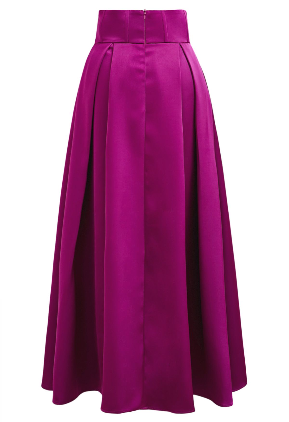 High-Slit Seamed Waist Pleated Satin Maxi Skirt in Magenta