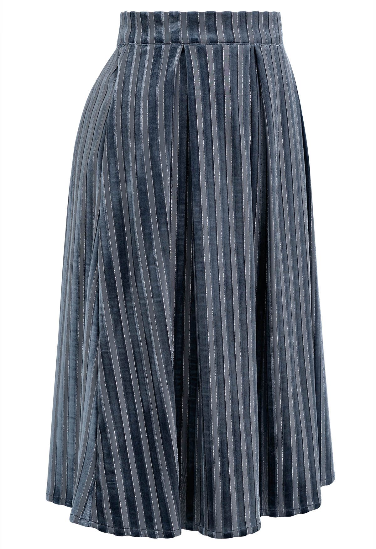 Shimmer Striped Pleated Velvet Midi Skirt in Blue