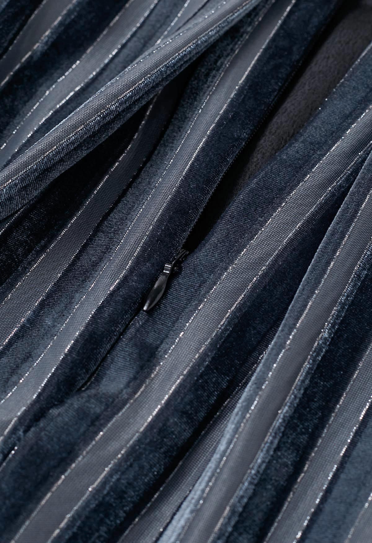 Shimmer Striped Pleated Velvet Midi Skirt in Blue