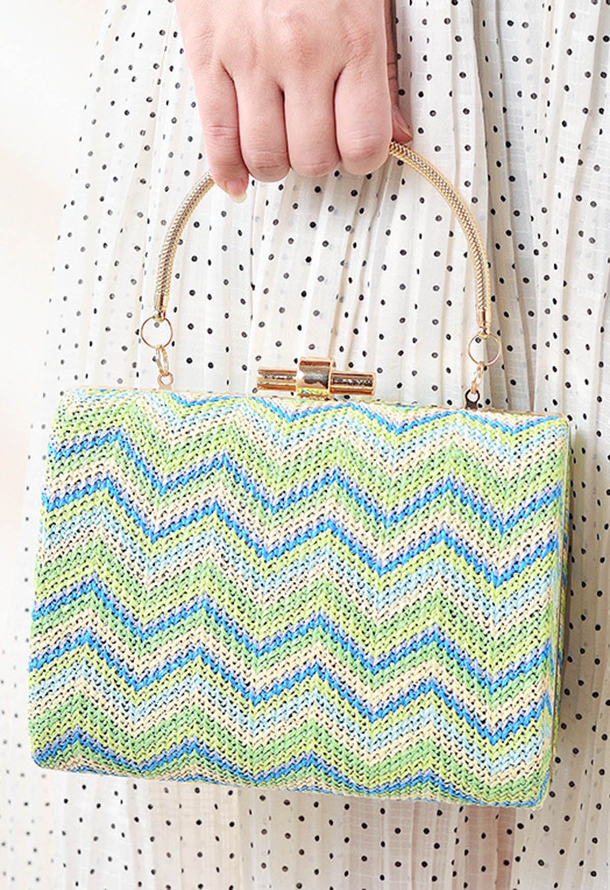 Wavy Line Color Block Woven Handbag in Mint