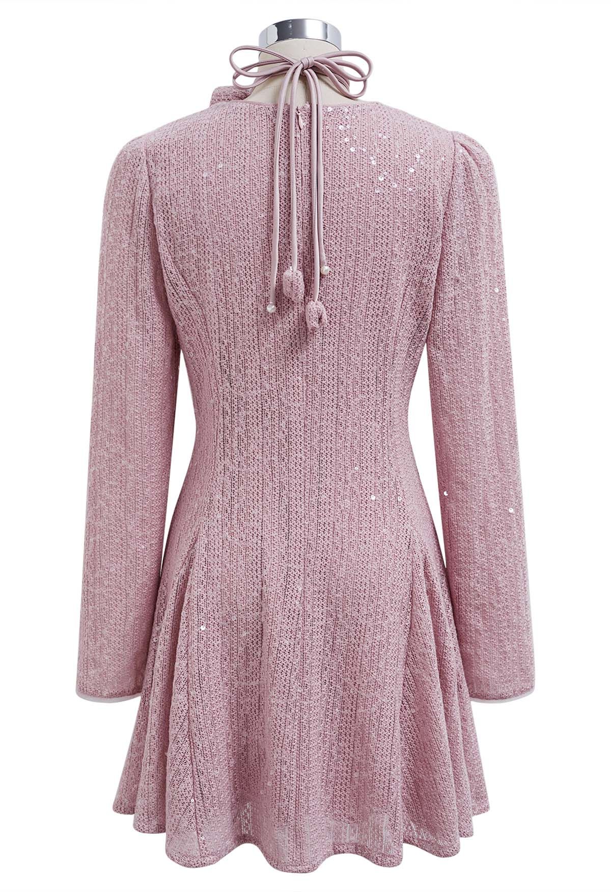 Glitter Sequin Frilling Dress with Choker in Pink