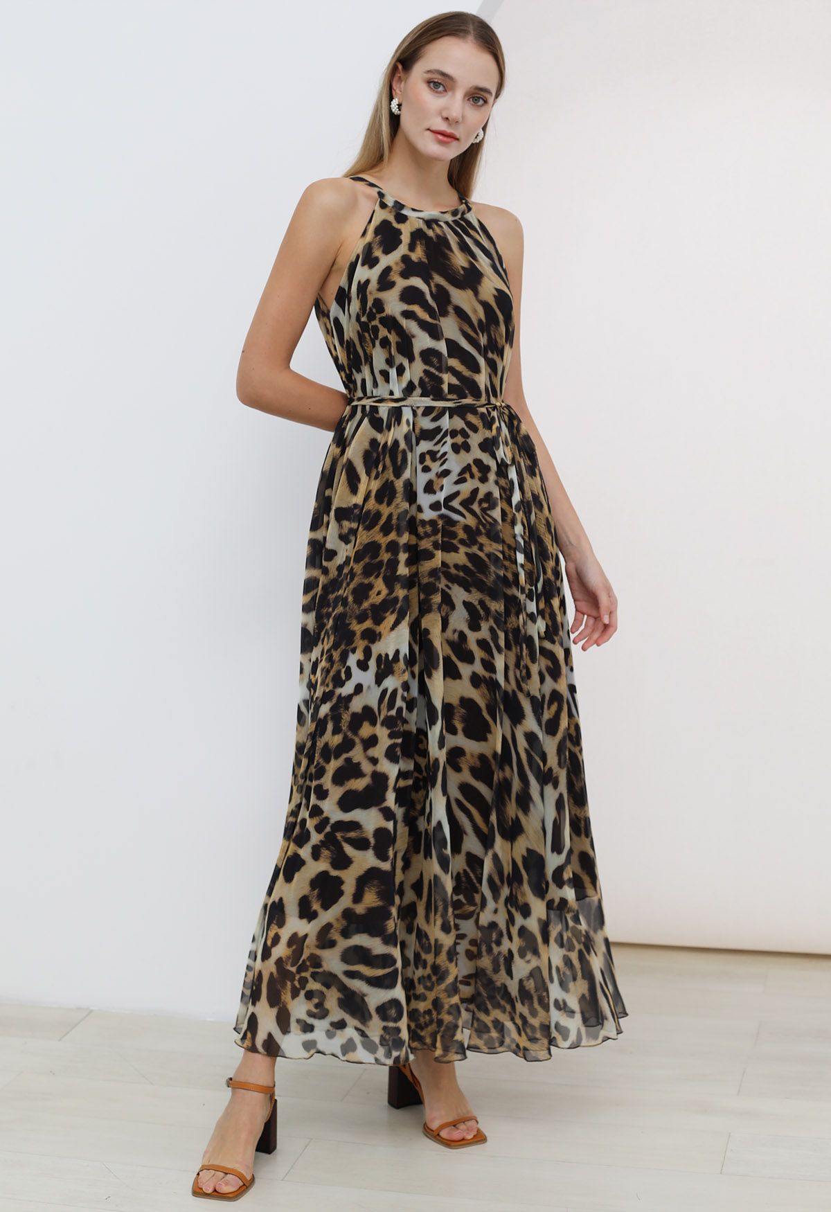 Alluring Animal Print Halter Neck Chiffon Maxi Dress