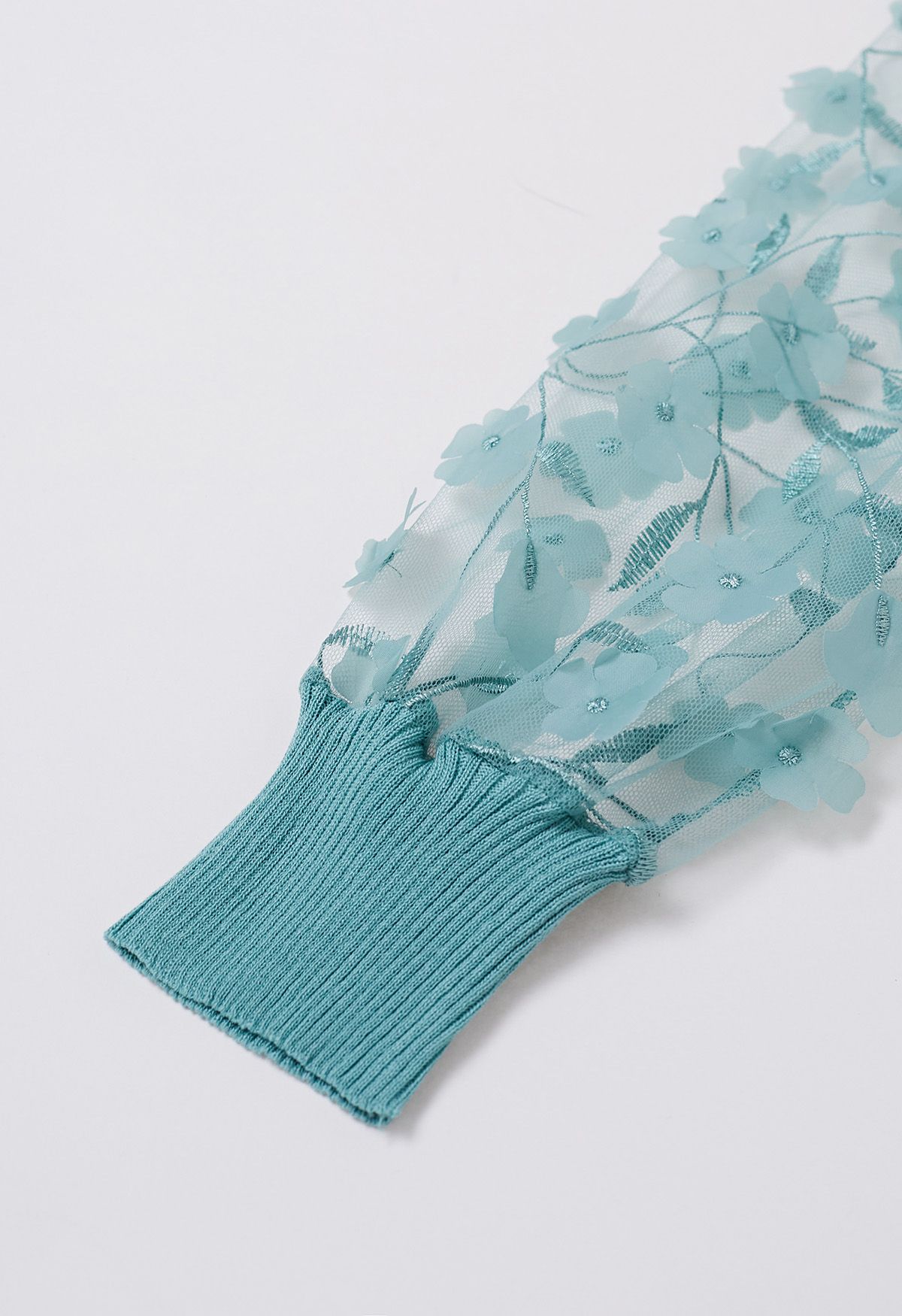 3D Floret Mesh Sleeves Spliced Knit Top in Teal