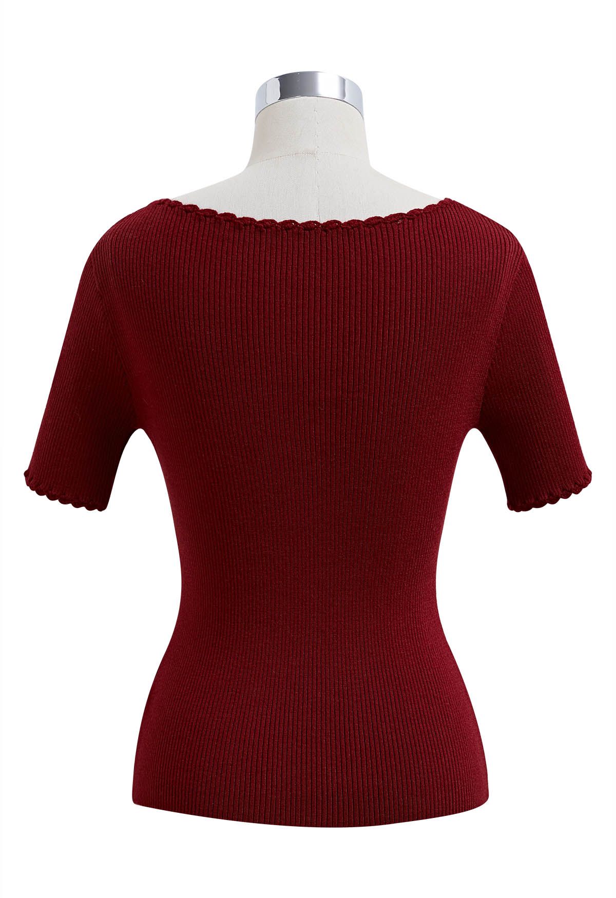Scalloped Edge Square Neck Short Sleeve Knit Top in Burgundy