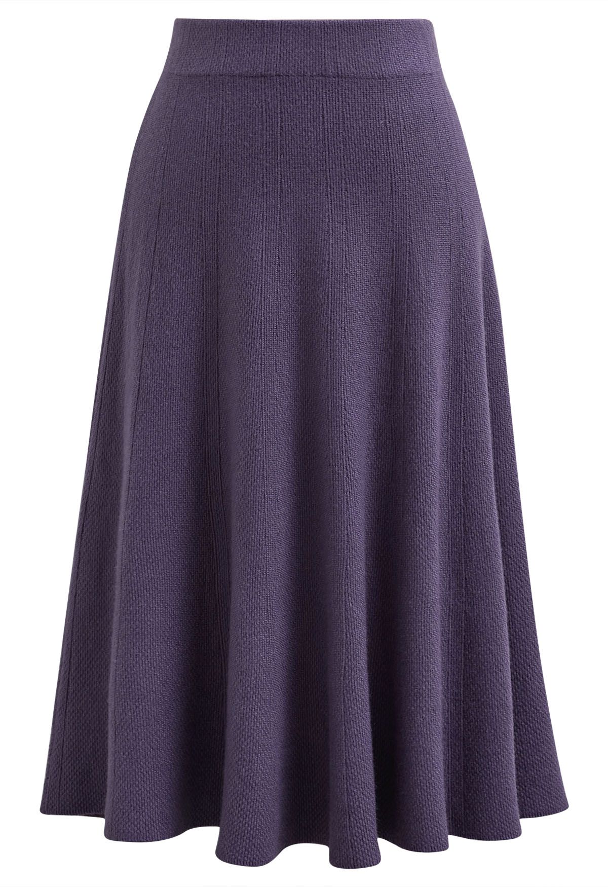 Textured Knit Flare Hem Knit Midi Skirt in Purple