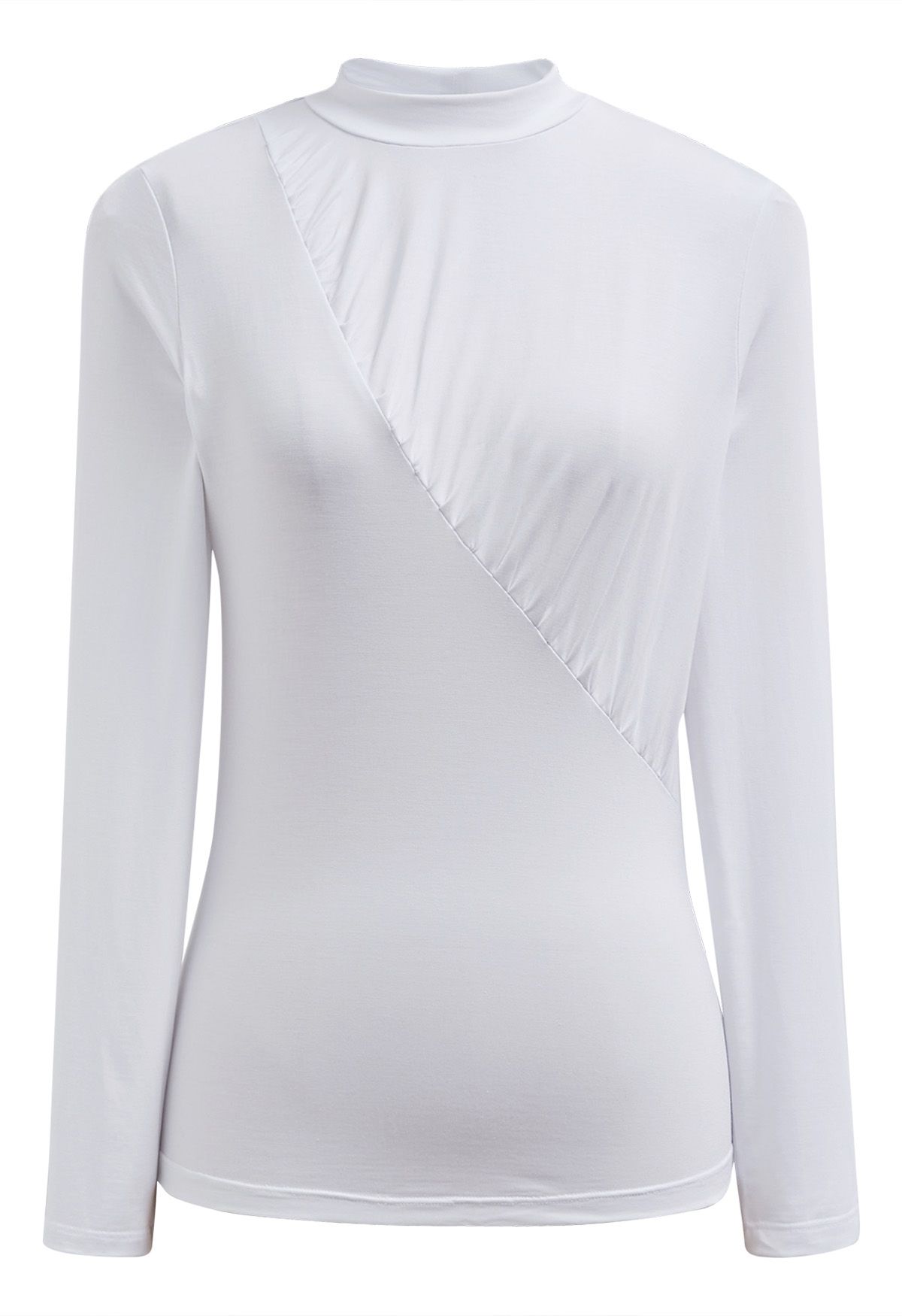 Ruched Accent Mock Neck Fitted Top in White