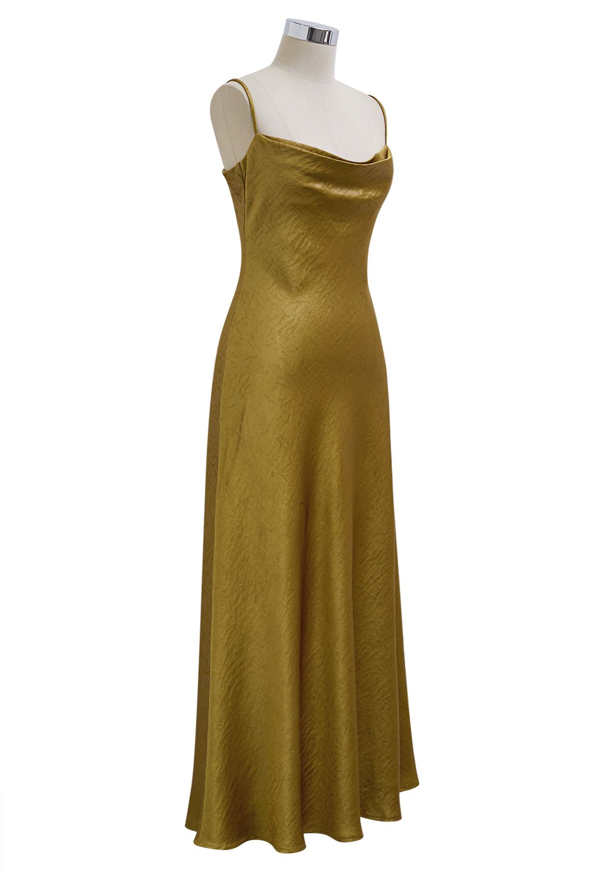 Texture Jacquard Drape Neck Satin Cami Dress in Mustard