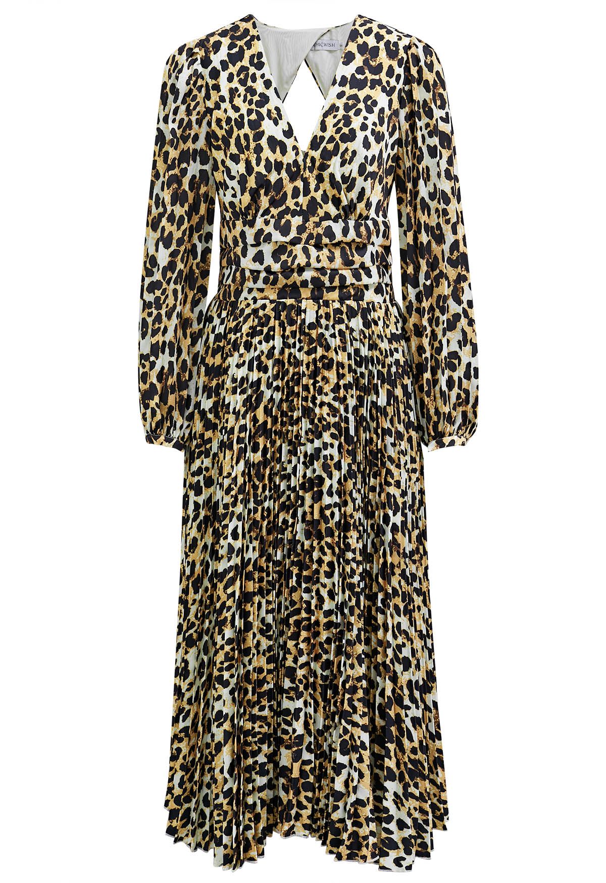 Animal Print V-Neck Cutout Back Pleated Dress