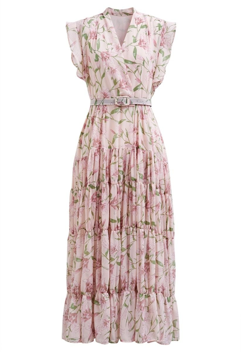 Lily Printed Belted Faux-Wrap Chiffon Maxi Dress in Pink