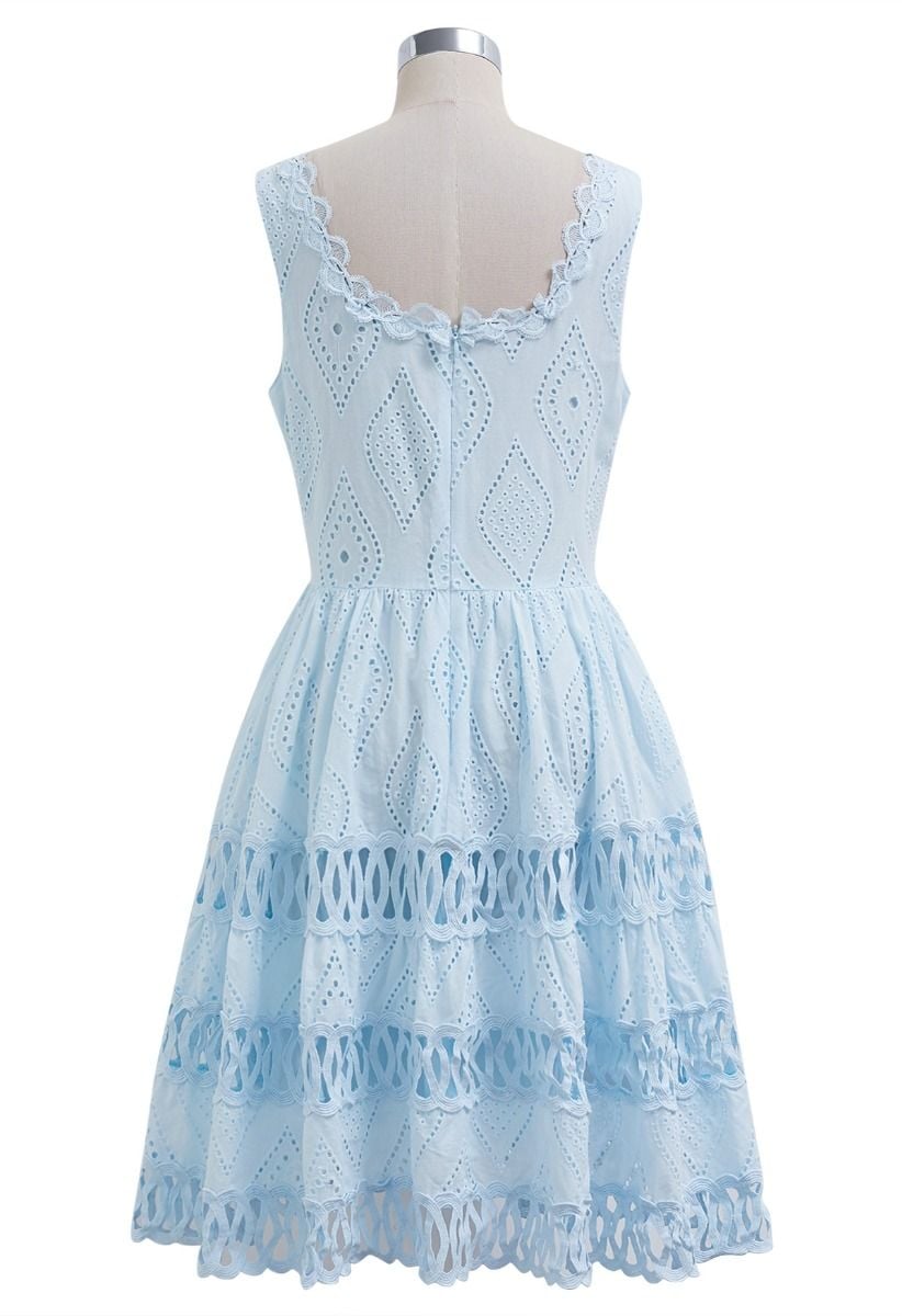 Geometric Eyelet Embroidered Square Neck Sleeveless Dress in Light Blue